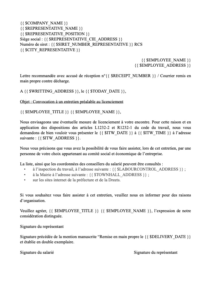 Convocation à un entretien préalable au licenciement : Si l'entreprise a mis en place un CSE - Avec remise en main propre