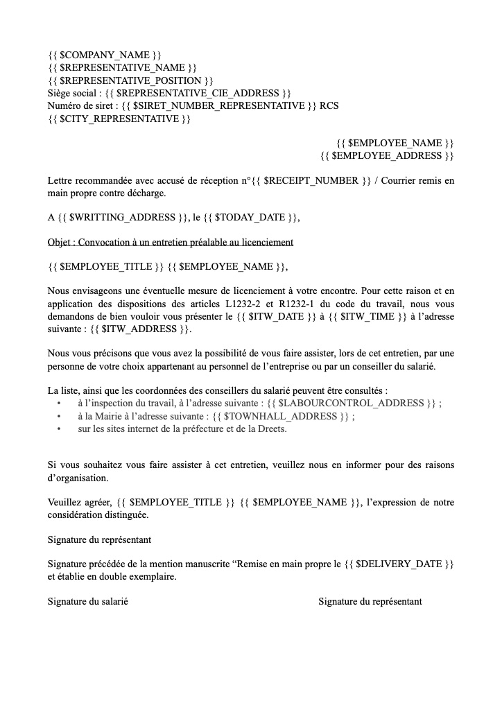 Convocation à un entretien préalable au licenciement : Si l'entreprise n'a pas mis en place un CSE - Avec remise en main propre