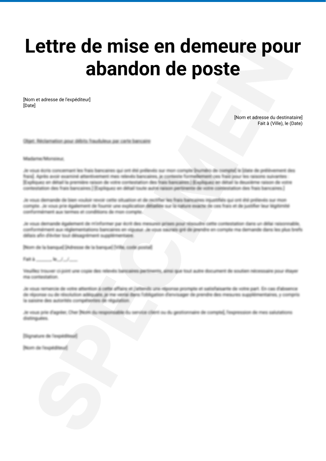 Lettre de mise en demeure pour abandon de poste