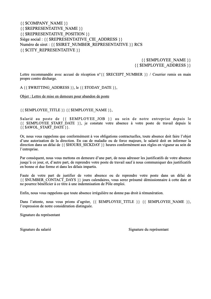 Lettre de mise en demeure pour abandon de poste : Sans remise en main propre