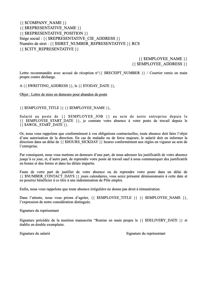 Lettre de mise en demeure pour abandon de poste : Avec remise en main propre