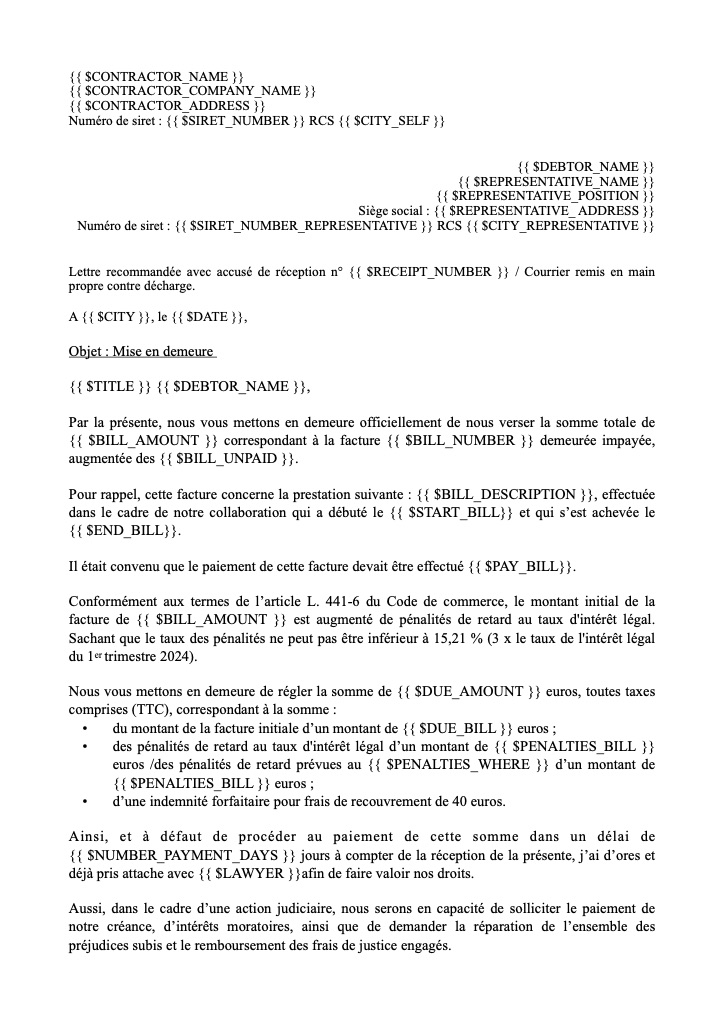 Mise en demeure de payer : Si le contrat, la facture ou les CGV:CGS ne prévoit pas le paiement d'intérêts de retard en cas de retard de paiement - Avec remise en main propre