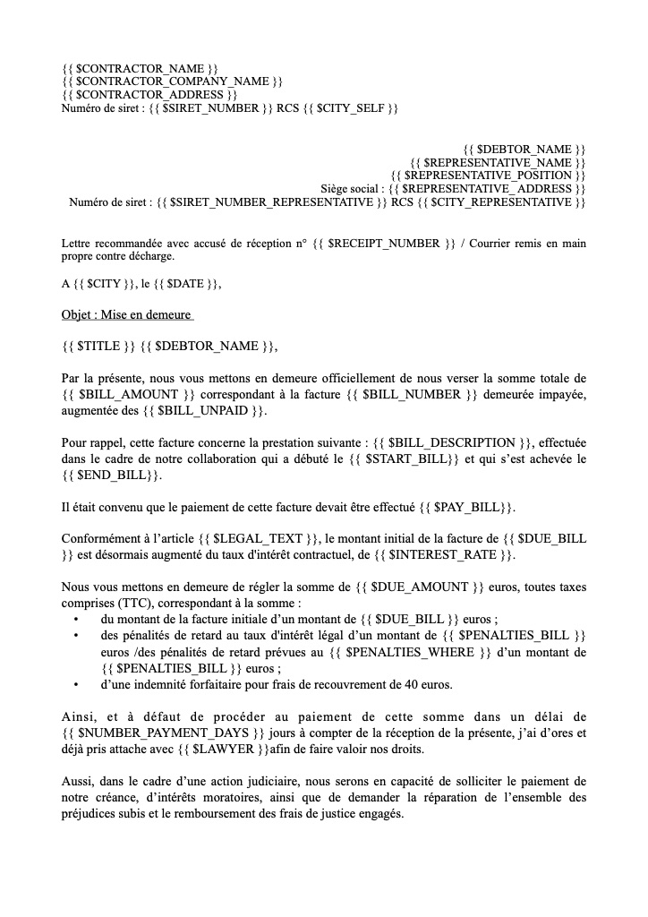 Mise en demeure de payer : Si le contrat, la facture ou les CGV:CGS prévoit le paiement d'intérêts de retard en cas de retard de paiement - Avec remise en main propre