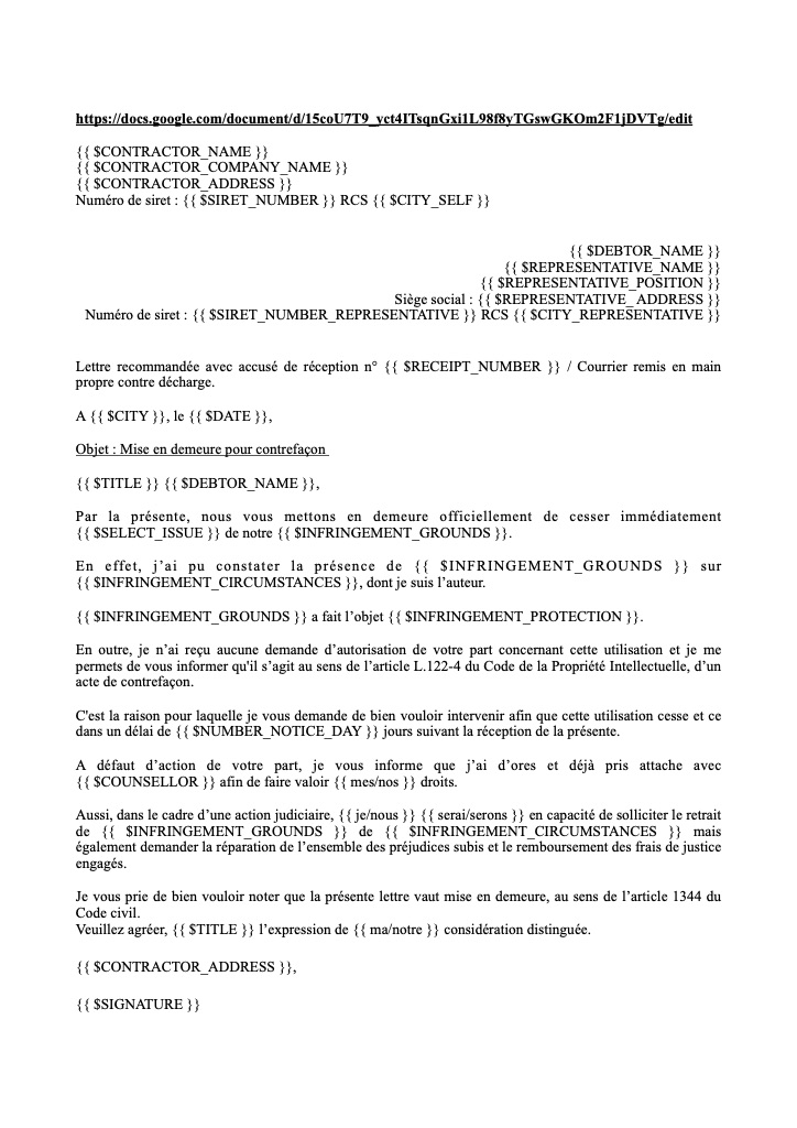 Mise en demeure pour contrefaçon : Sans remise en main propre