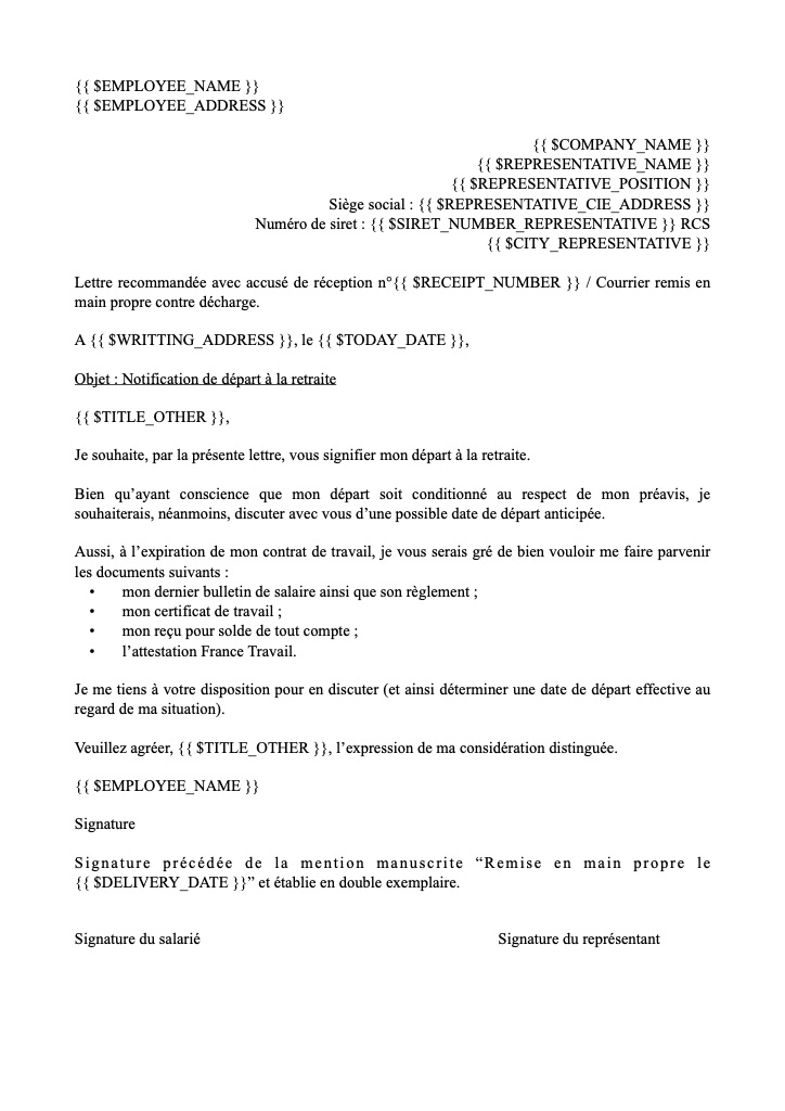 Notification de départ à la retraite : Si le salarié souhaite négocier son préavis - Avec remise en main propre