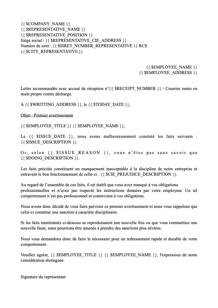 Premier avertissement : Avec remise en main propre