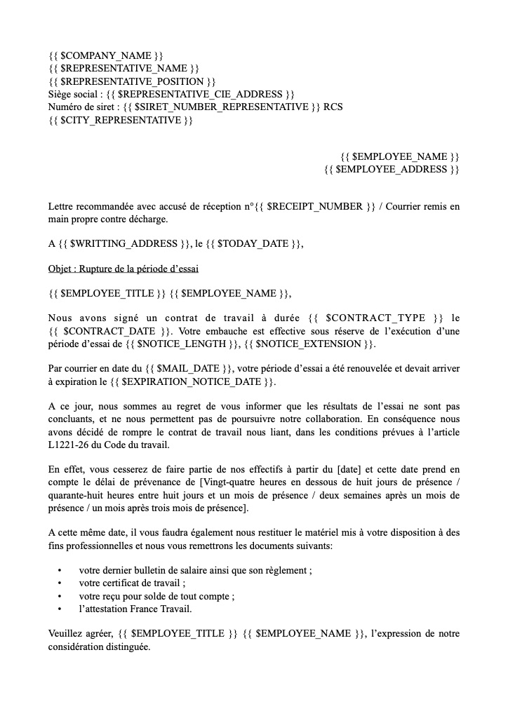 Rupture de la période d'essai : Si la période d'essai du salarié a déja été renouvelée - Avec remise en main propre